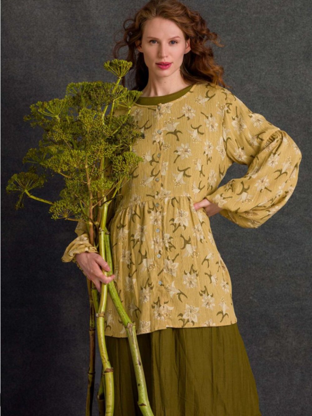 Gudrun Sjoden Amaryllis Smock Blouse Large Mustard Yellow Floral